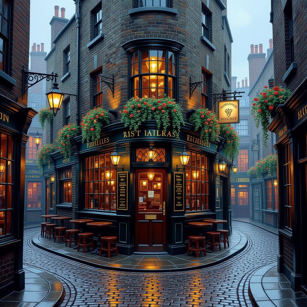 Diagon Alley Pub Scene: Detailed Fantasy Oil Painting