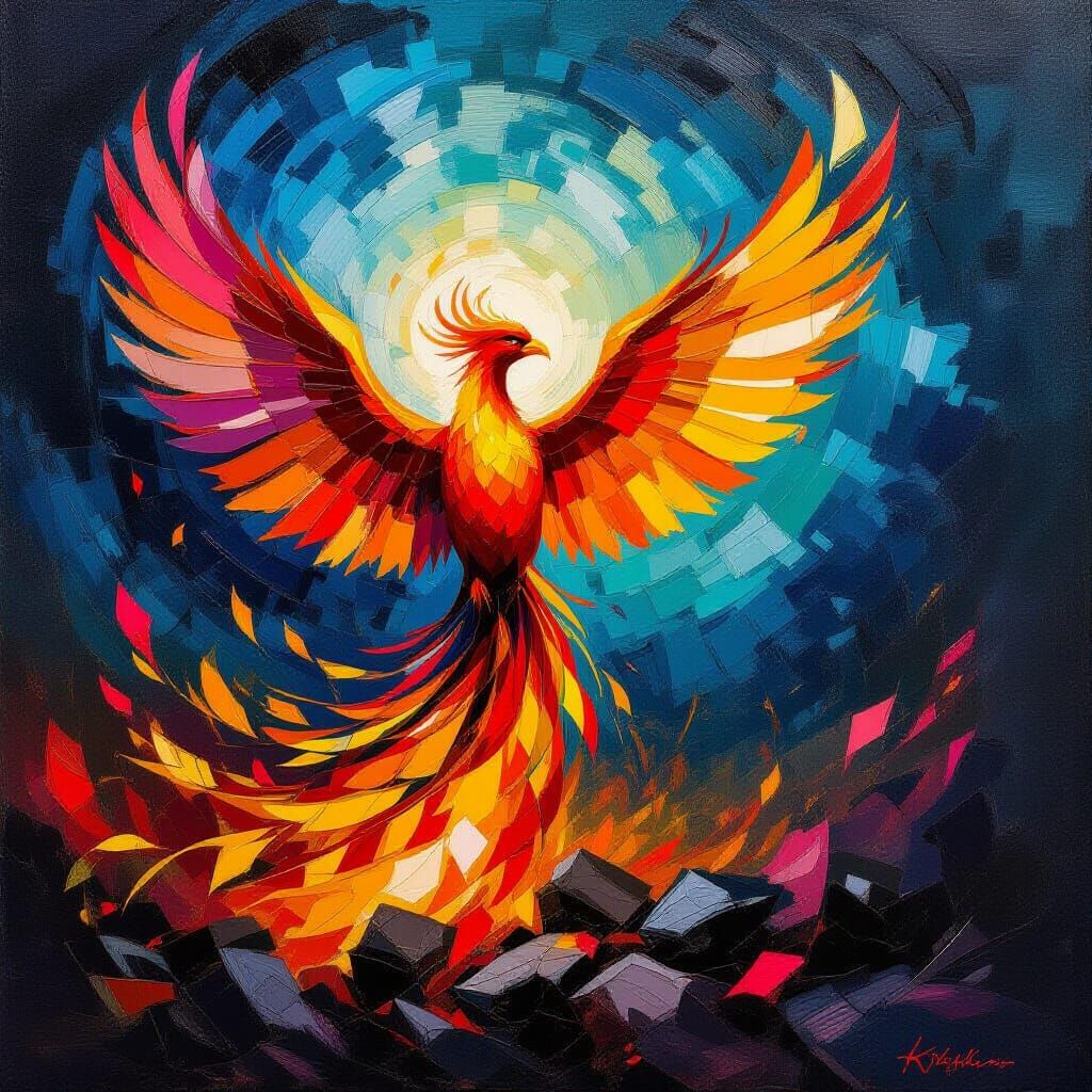 Phoenix Rising Abstract Oil Painting with Bold Colors
