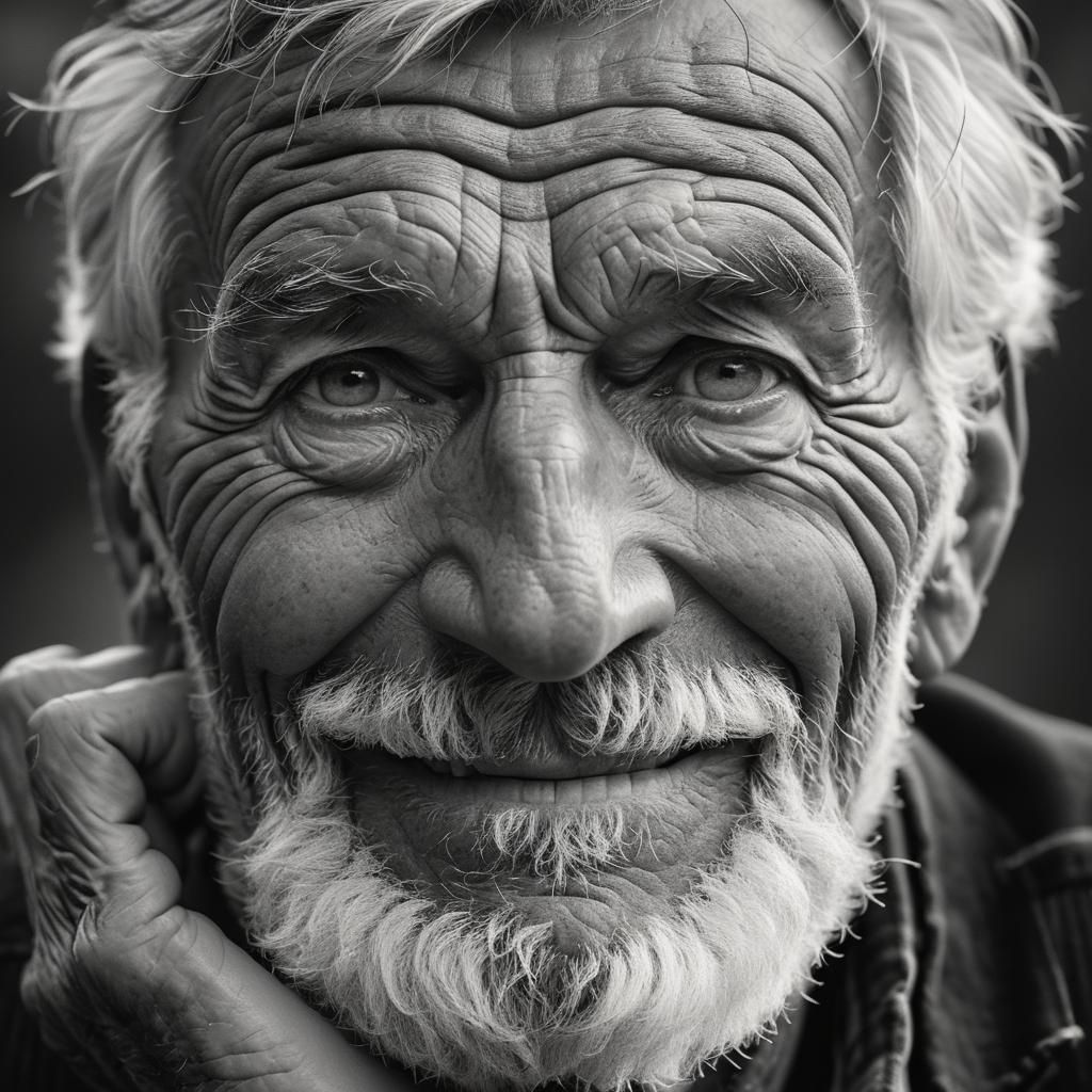 Black and white portrait of an old farmer with a furrowed fa...