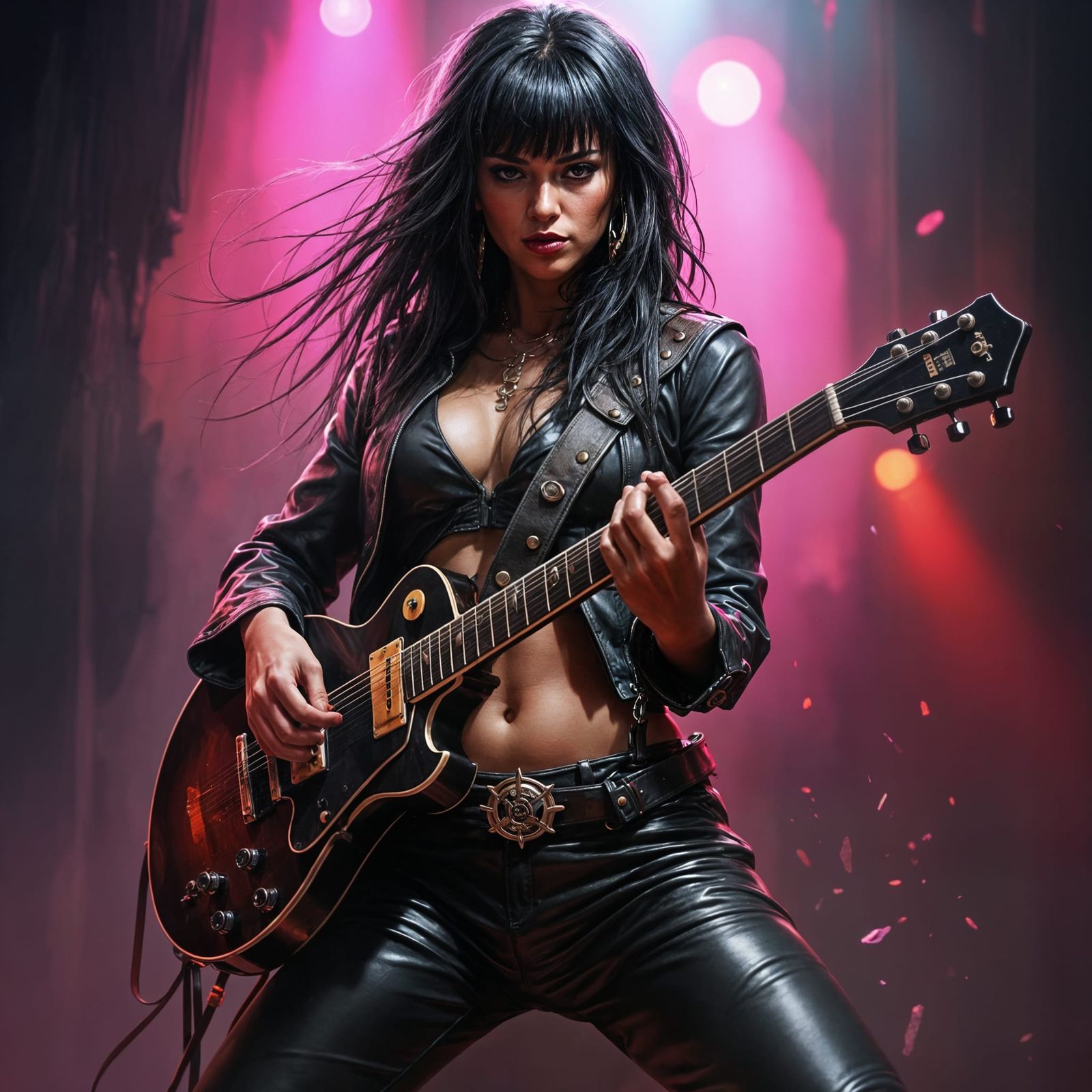 Rock Goddess in Leather Vest Shreds on Stage