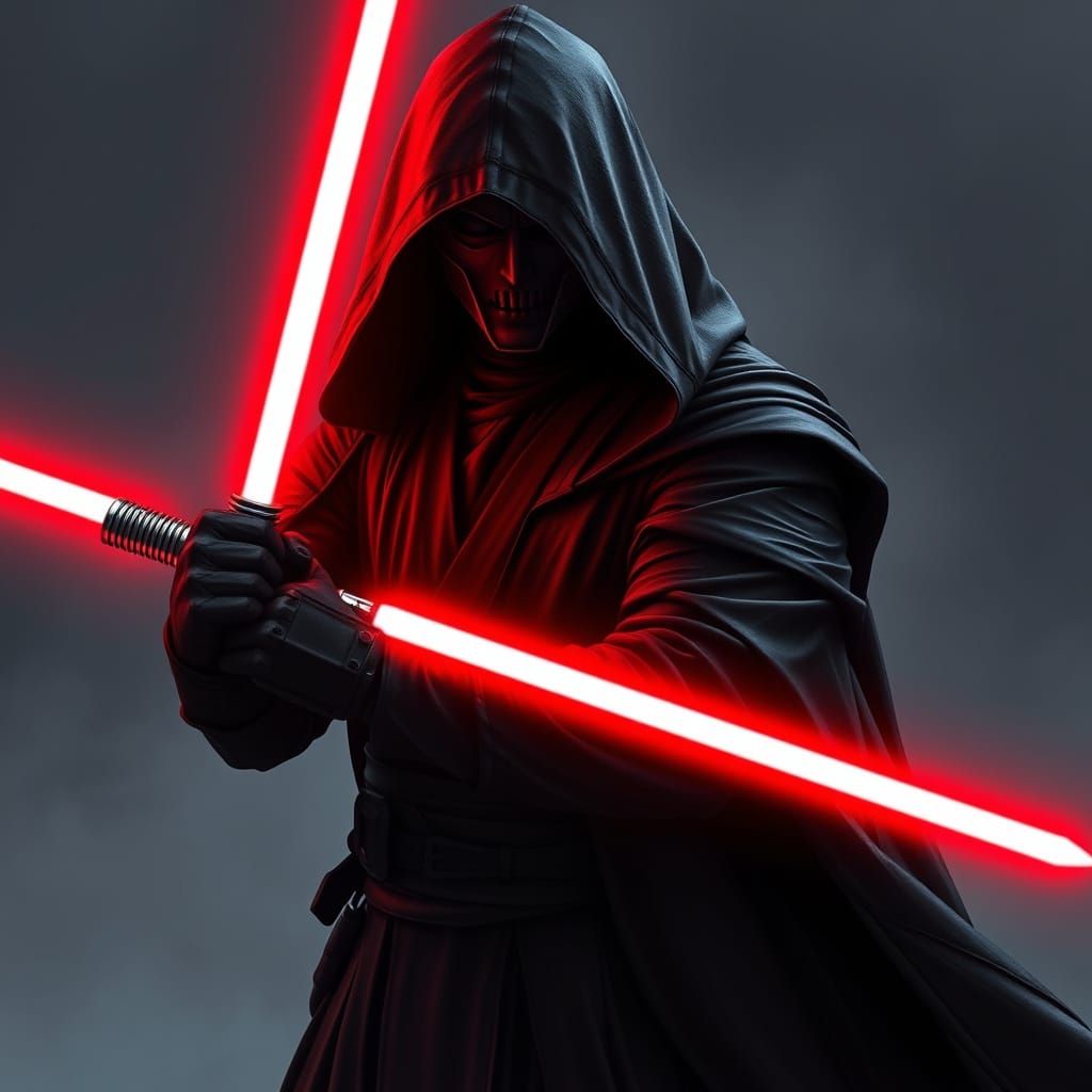 Dark Jedi with Red Lightsaber in Black Robes