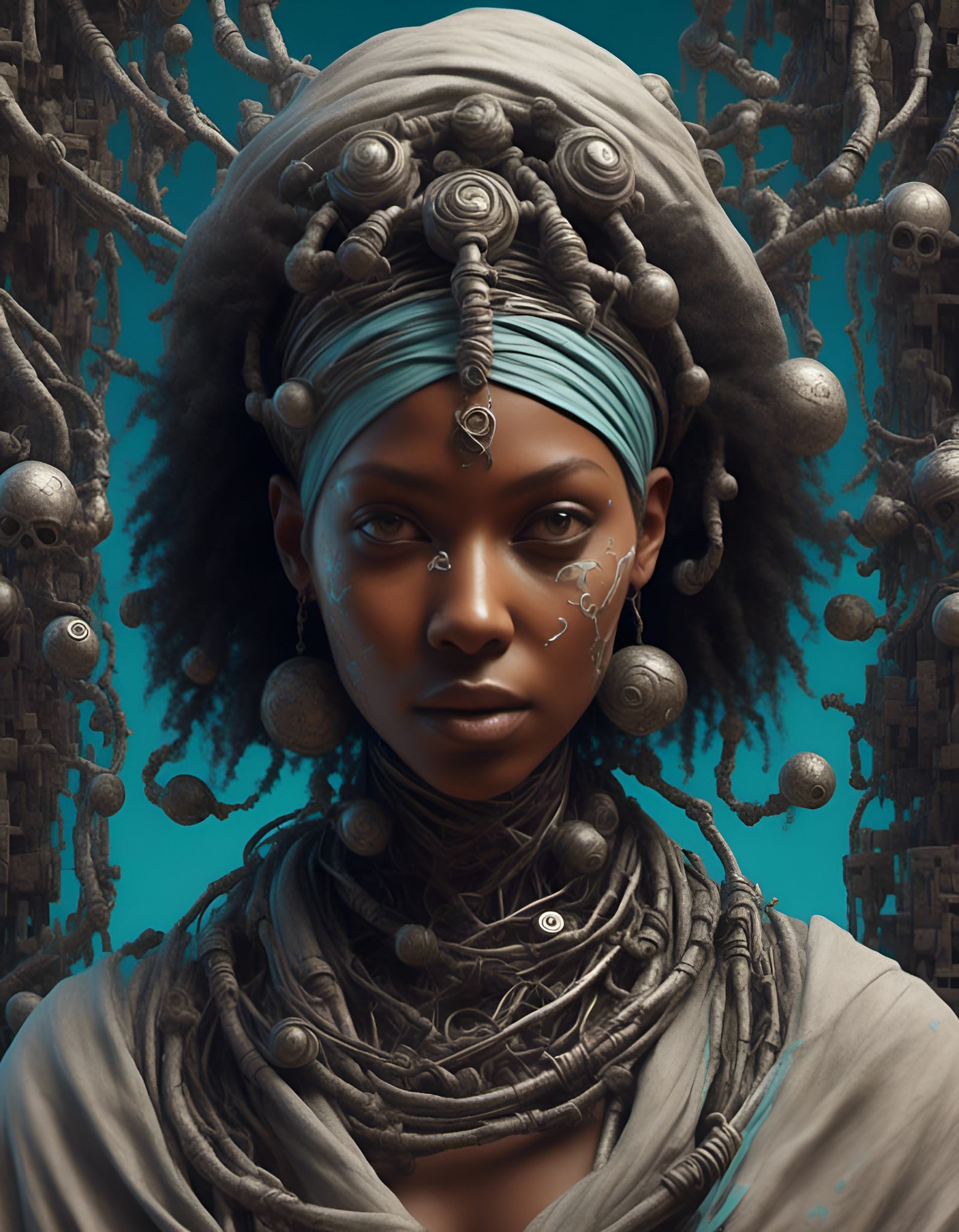 <lora:Dungeon:1.0> <lora:G-Swirl:1.0> <lora:Pastel Aether:1.0> Black woman wrapped in old linen bandages decorated with ...