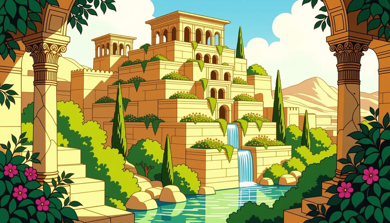 Hanging Gardens of Babylon: Intricate Ink Drawing