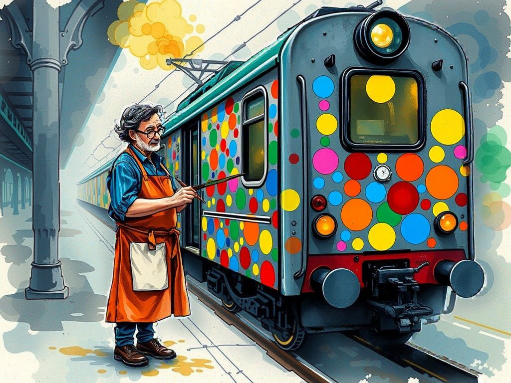 Train Embellished with Colorful Polka Dots in Wet Ink Drawin...