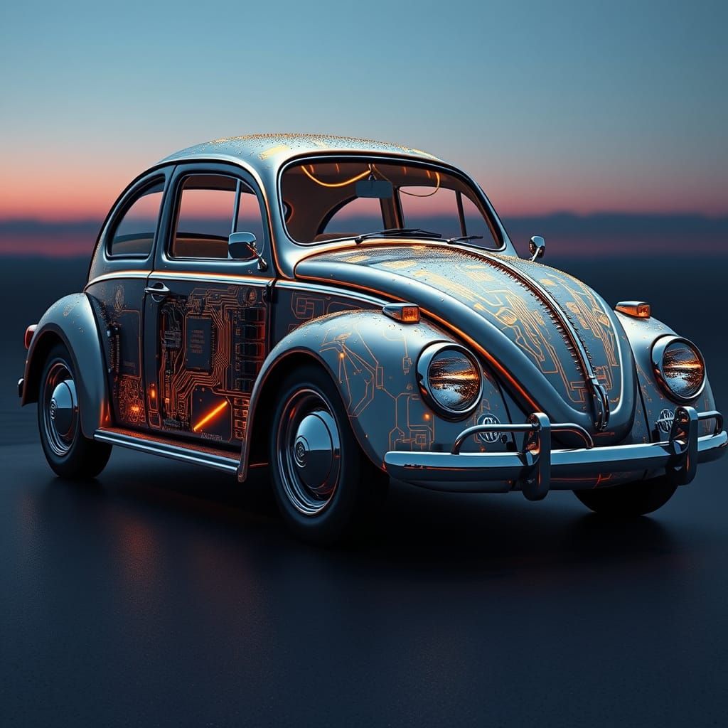 Futuristic VW Beetle with Circuitry Body in Neon-Lit Aesthet...