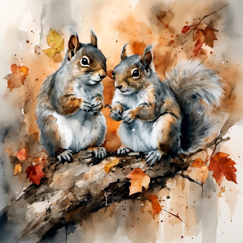 Squirrels Share Acorns in Autumnal Splendor