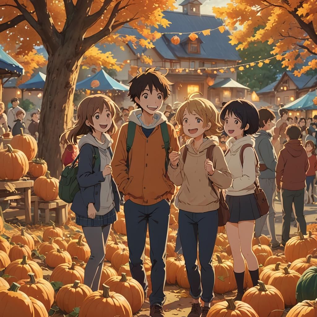 Anime Friends at a Pumpkin Festival in Golden Light
