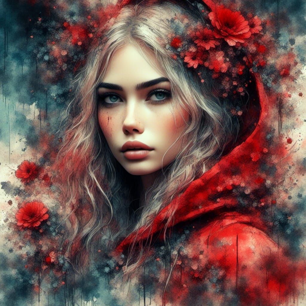 Red Riding Hood Double Exposure in Watercolor Style