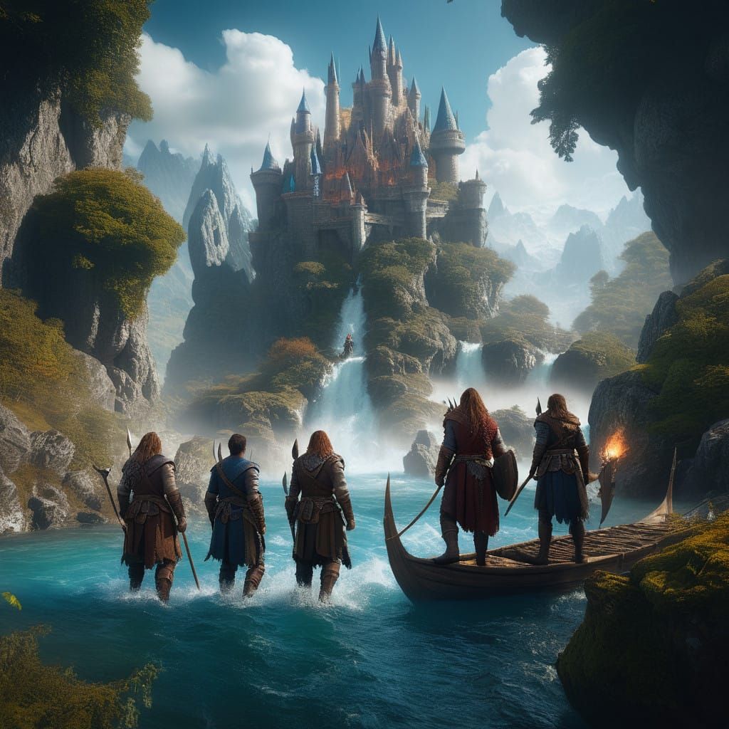 Heroic Fantasy Adventurers Confronting Hydra: Epic Scene