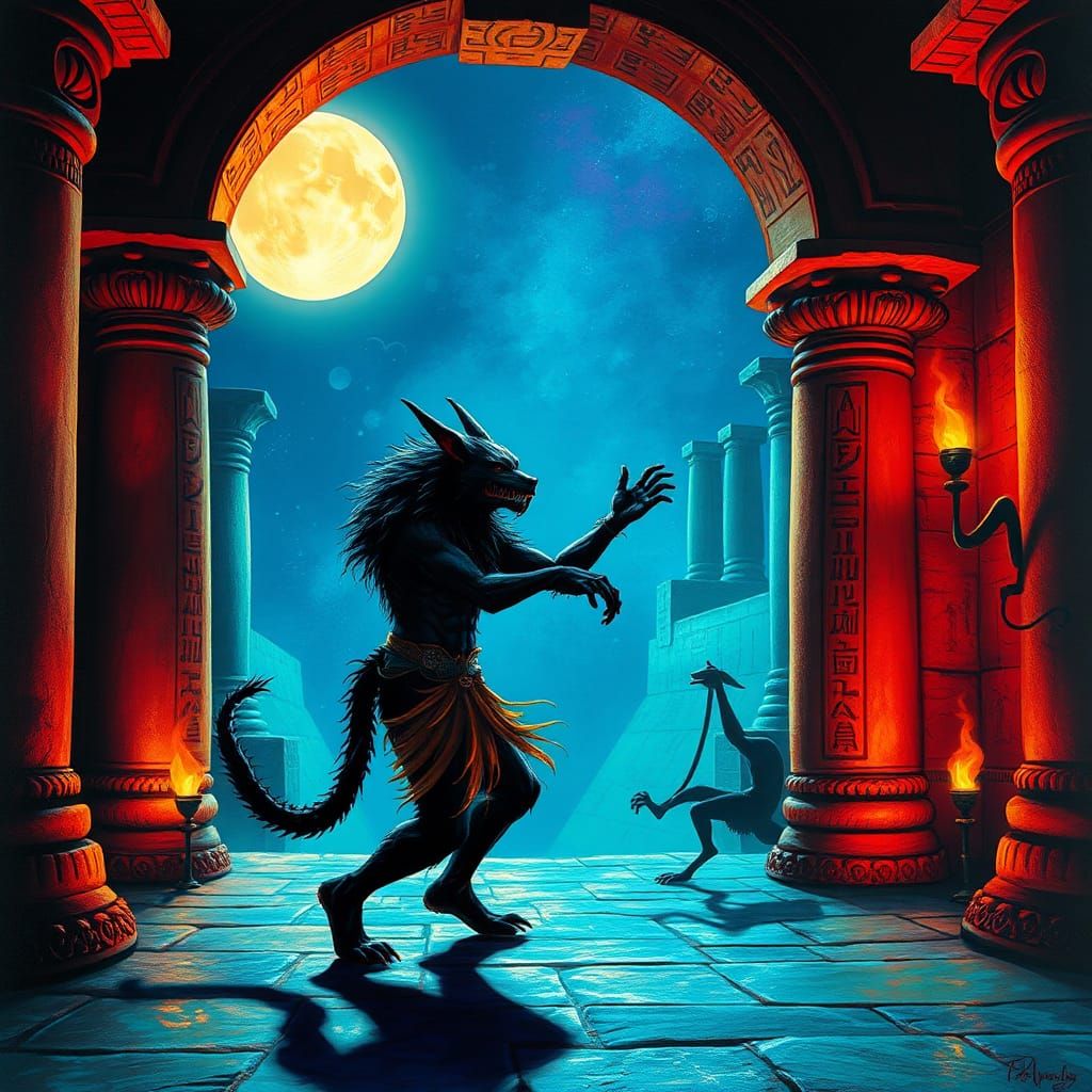 Werewolf and Anubis Dance in Mystical Temple