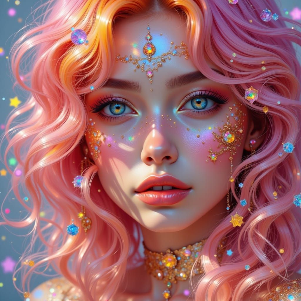 Glass Woman with Gold Accents, Dreamy Fantasy Portrait