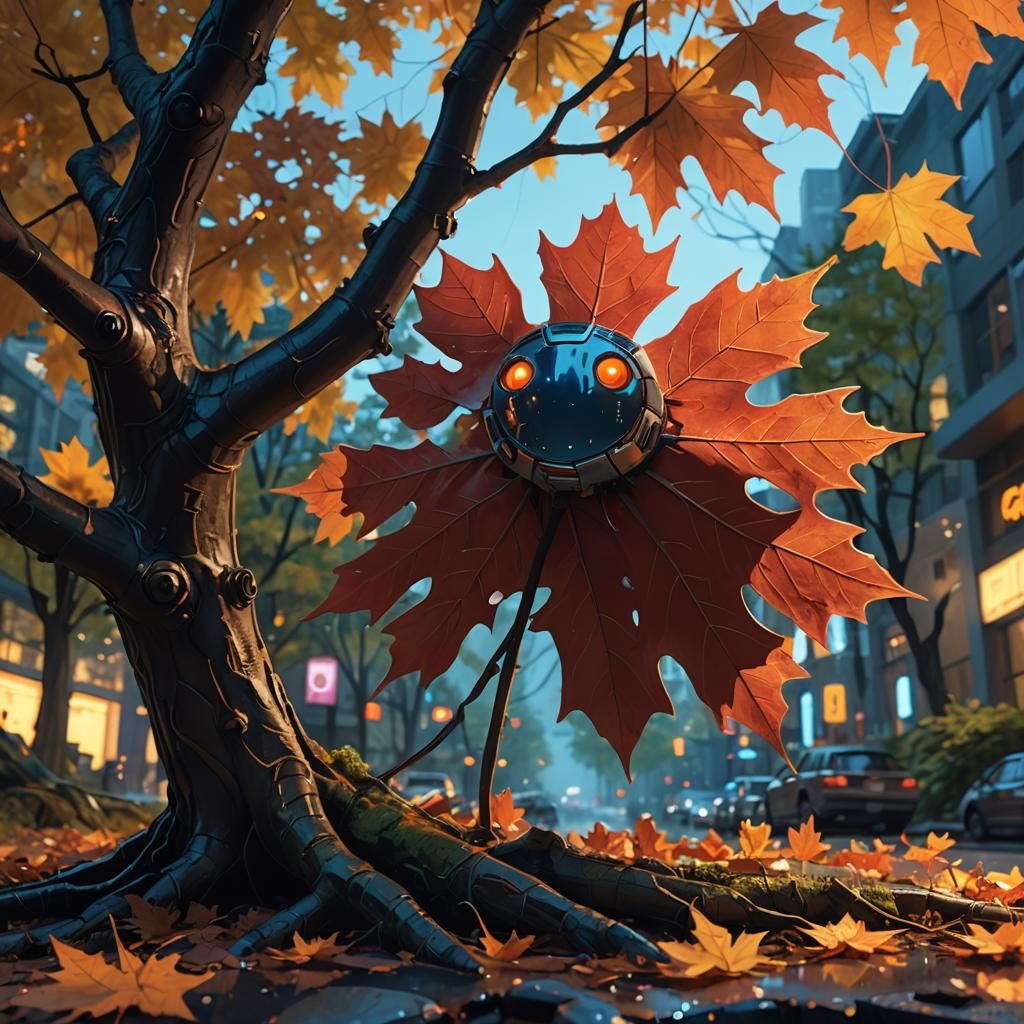 A crying, anthropomorphized maple leaf with a crying face falls from a maple tree towards the ground. An anthropomorphiz...