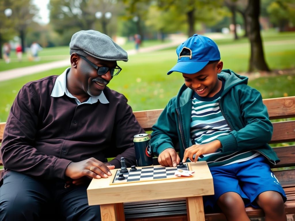 Man and Child Play Checkers on Park Bench