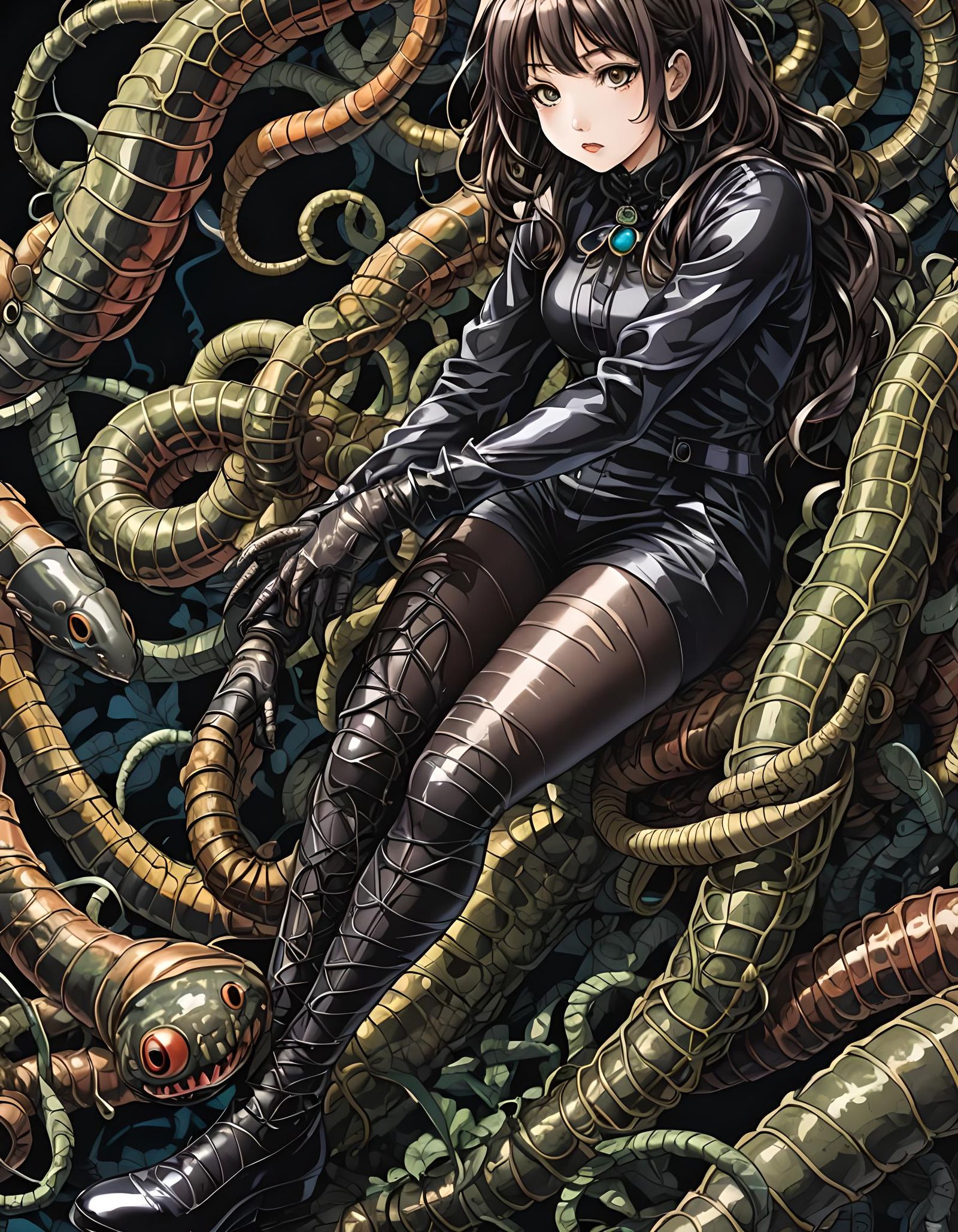 Young hosiery lady wrapped by a giant worm