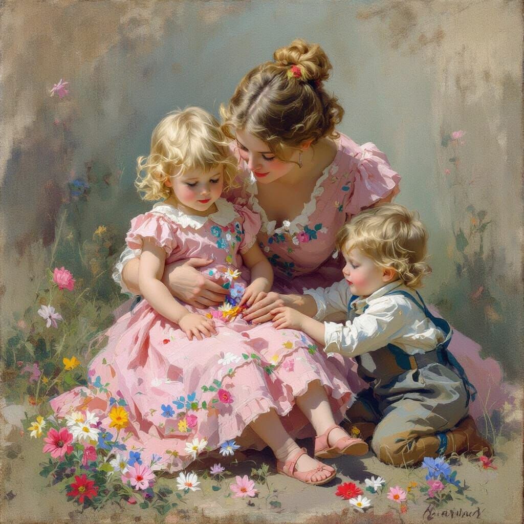 Child in pink dress, flowers, held by mother, blonde hair and Mary Cassatte , little brother helping