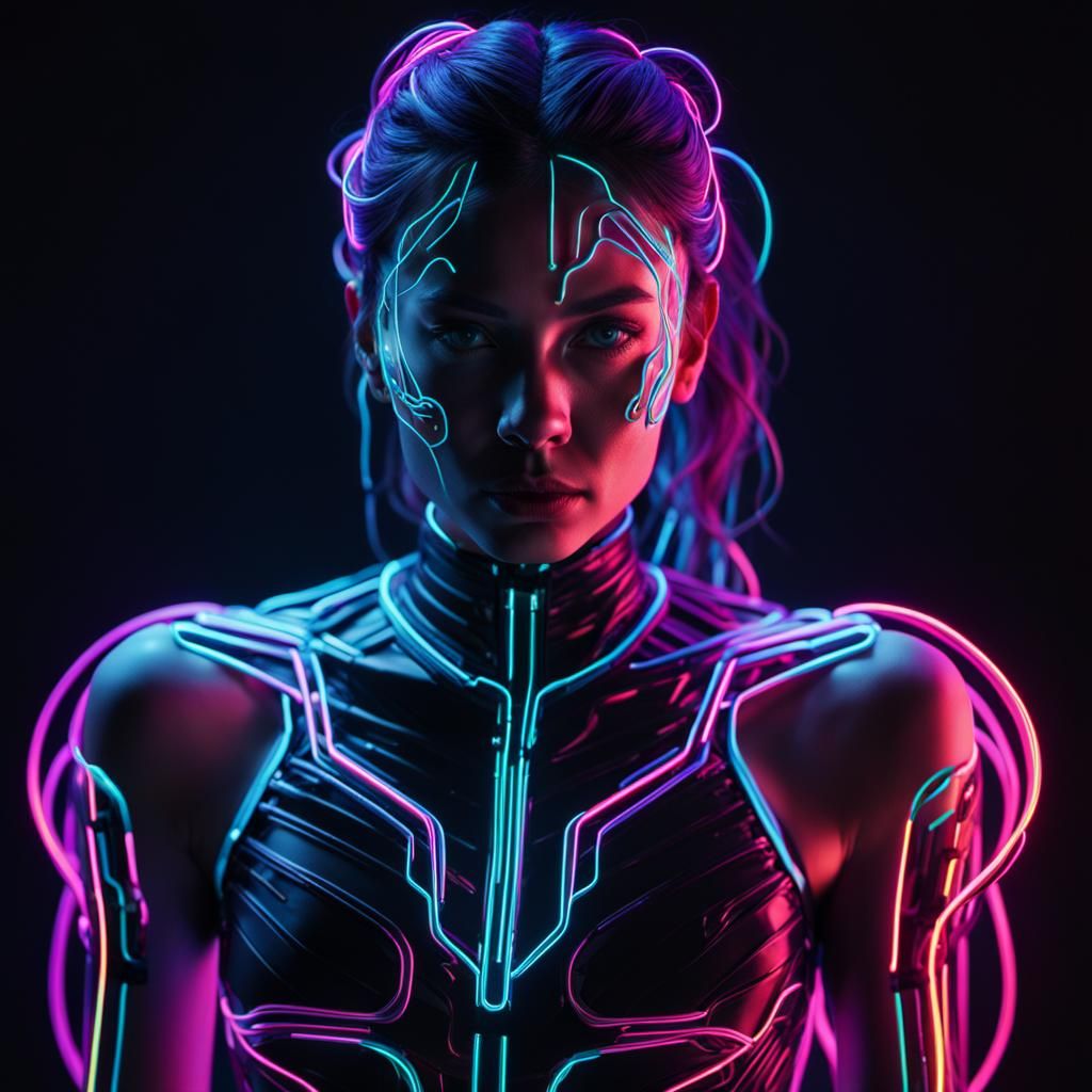 Neon Noir Woman in Vibrant, Electric Outlines