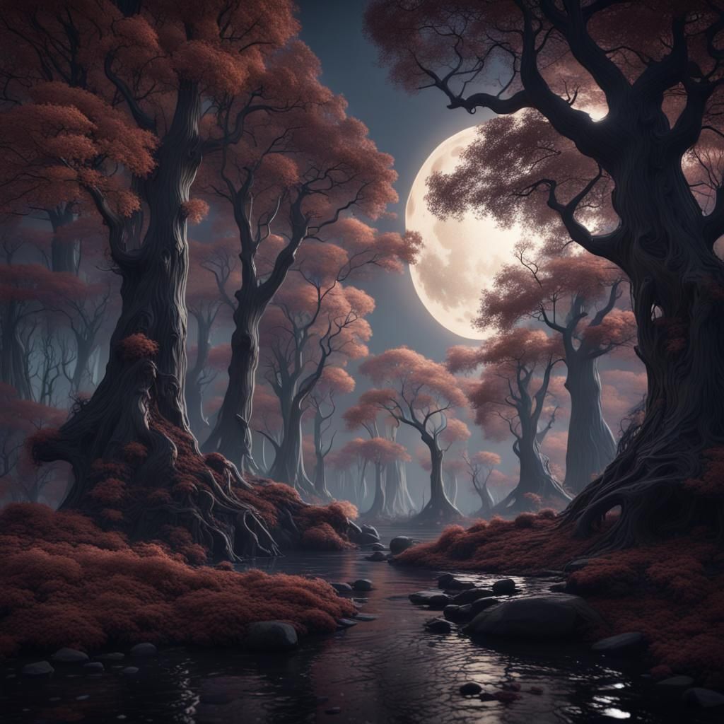 Eerie Moonlit Forest in a Detailed Matte Painting