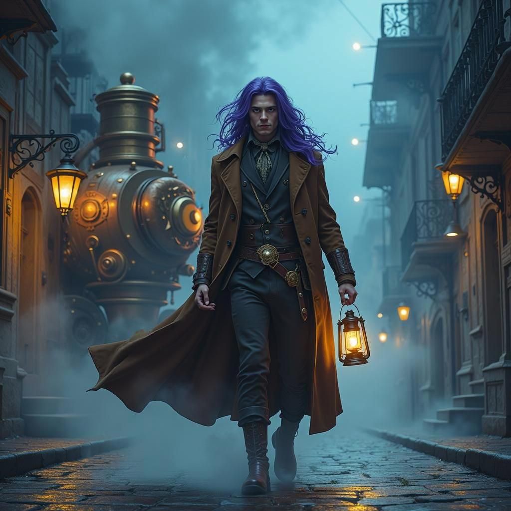 Steampunk Mage with Lantern in Fantasy City