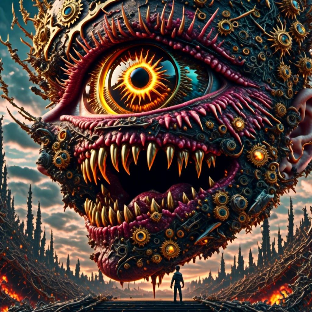 Giant Zombie Cyclops Head in Steampunk Cinematic Style