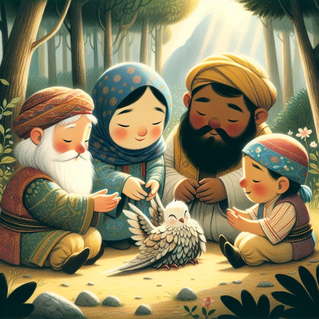 Gnomes Heal Bird: Heartwarming Storybook Illustration