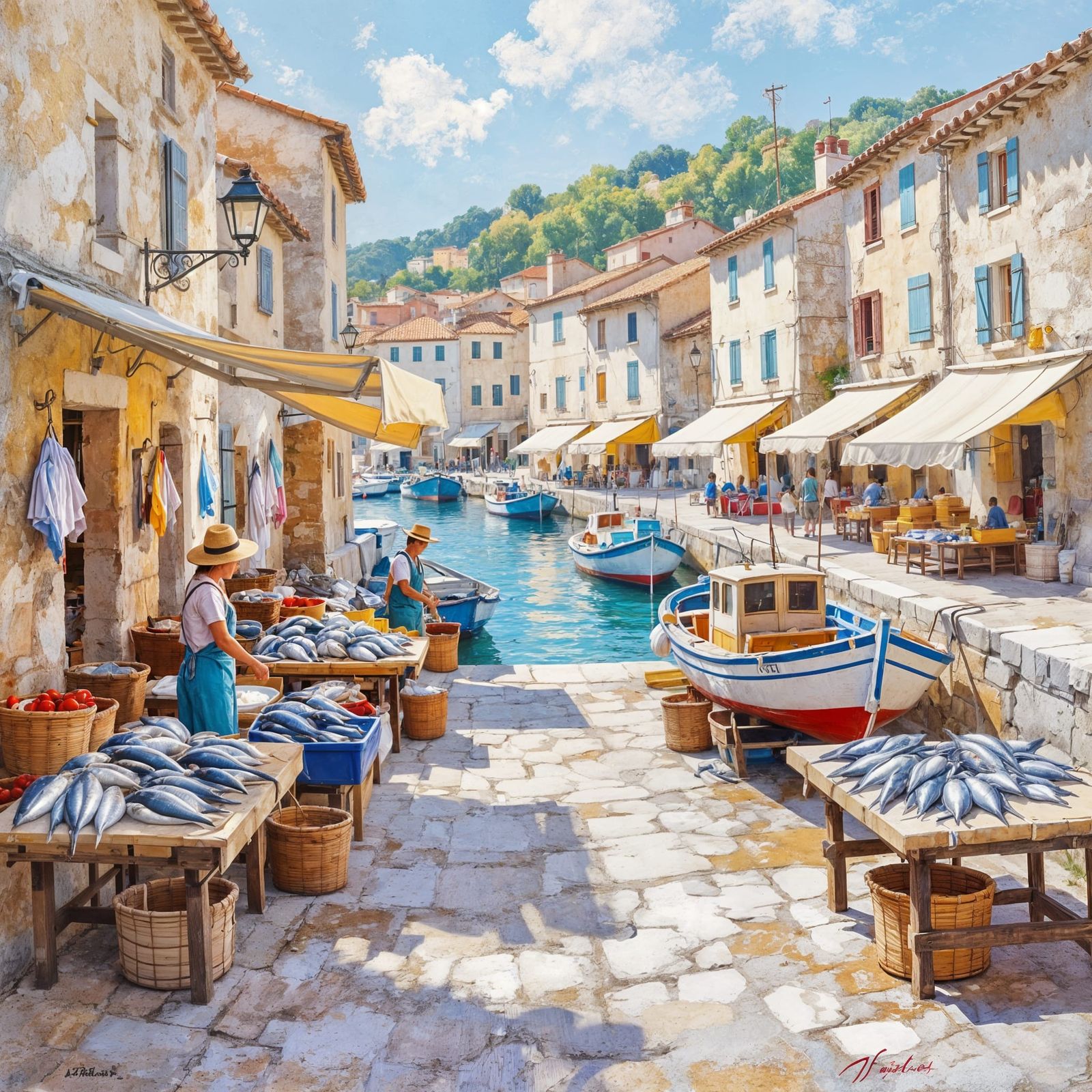 Provençal Fishing Harbor Market in Soft Pastel