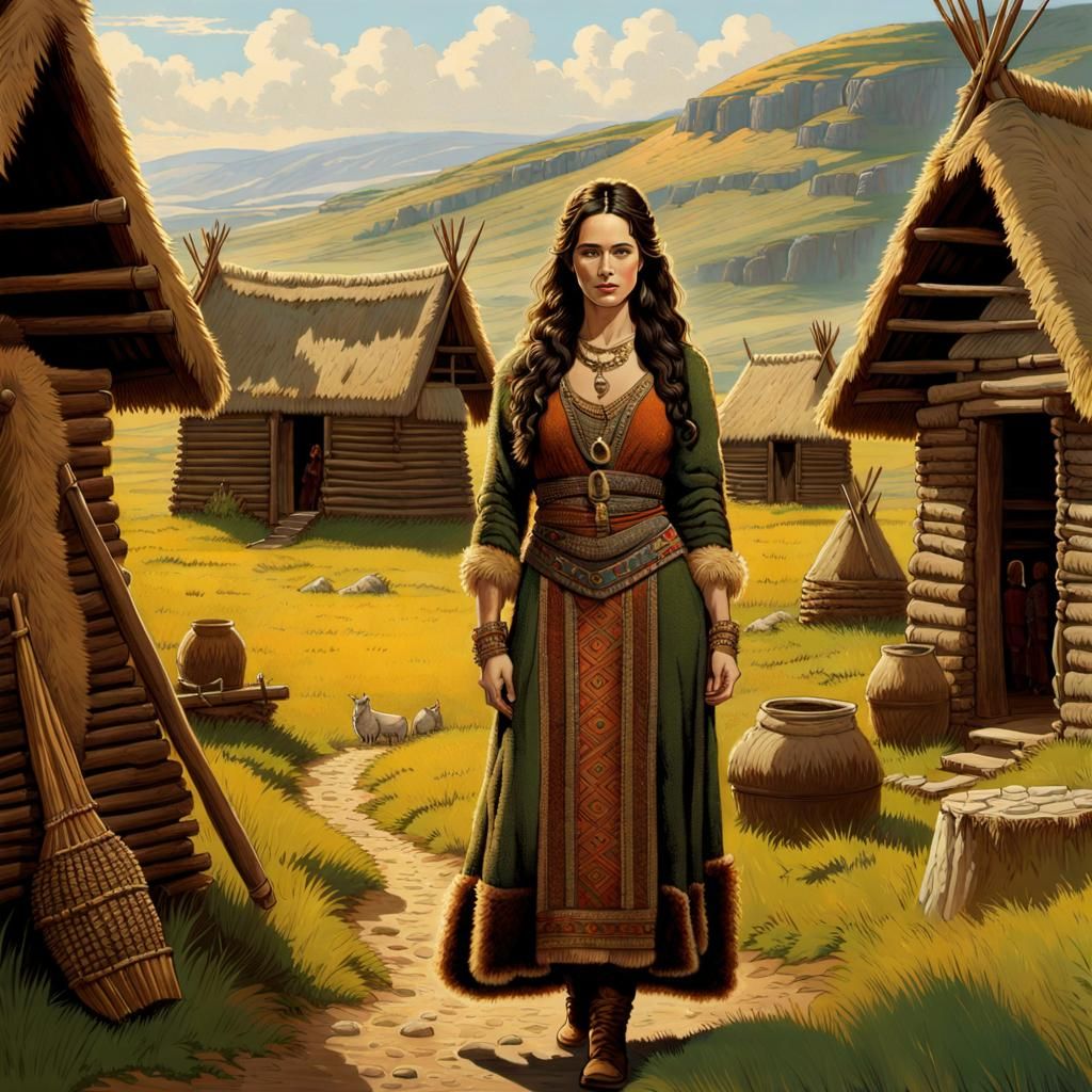 Neolithic Queen in Furskin Clothes, Realistic Portrait