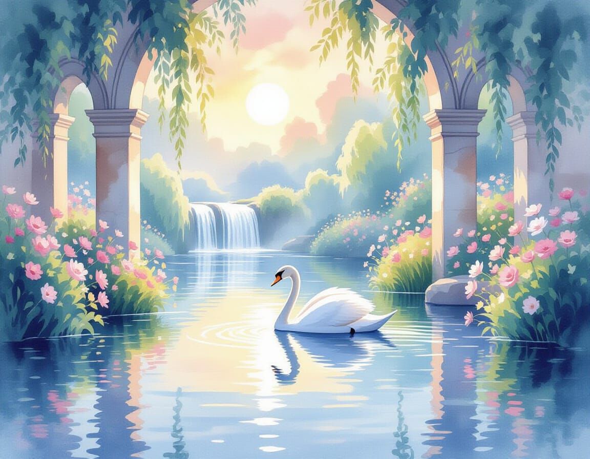 Whimsical Watercolor Swan on Magical Pond at Sunrise