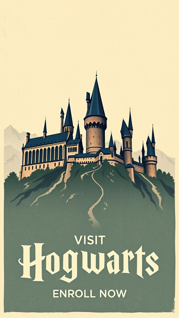 Vintage Hogwarts Travel Poster in Colored Ink