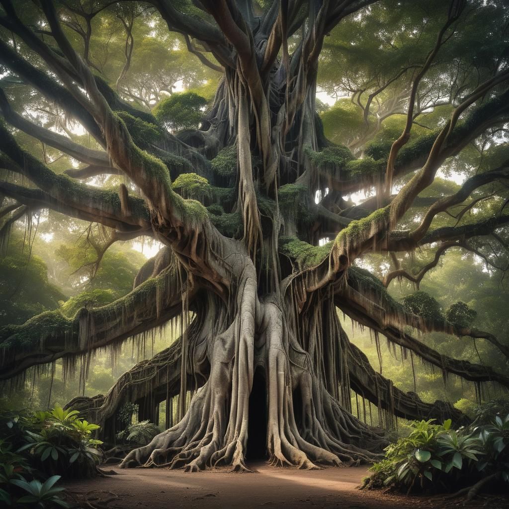 Banyan Tree Panorama in Botanical Art Style