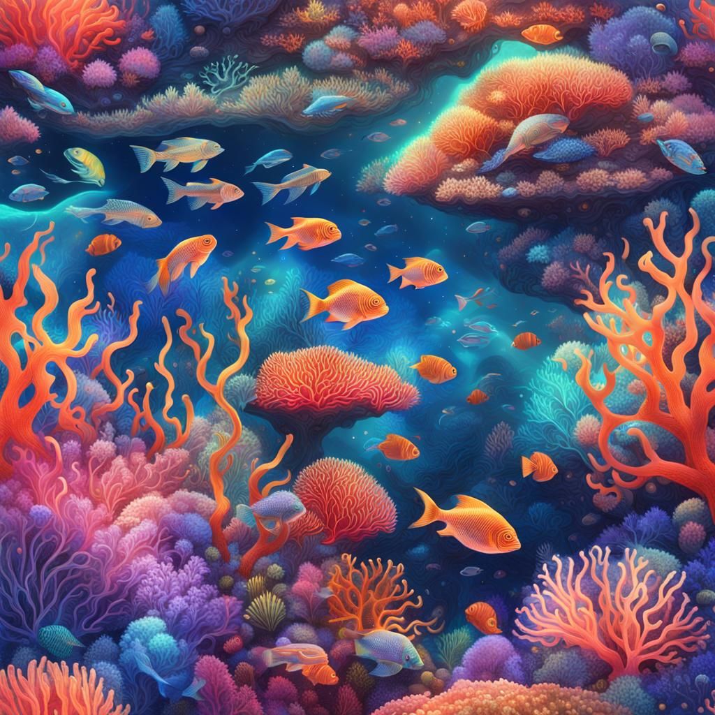 Cosmic Coral Reef Illustration in Mixed Media Style