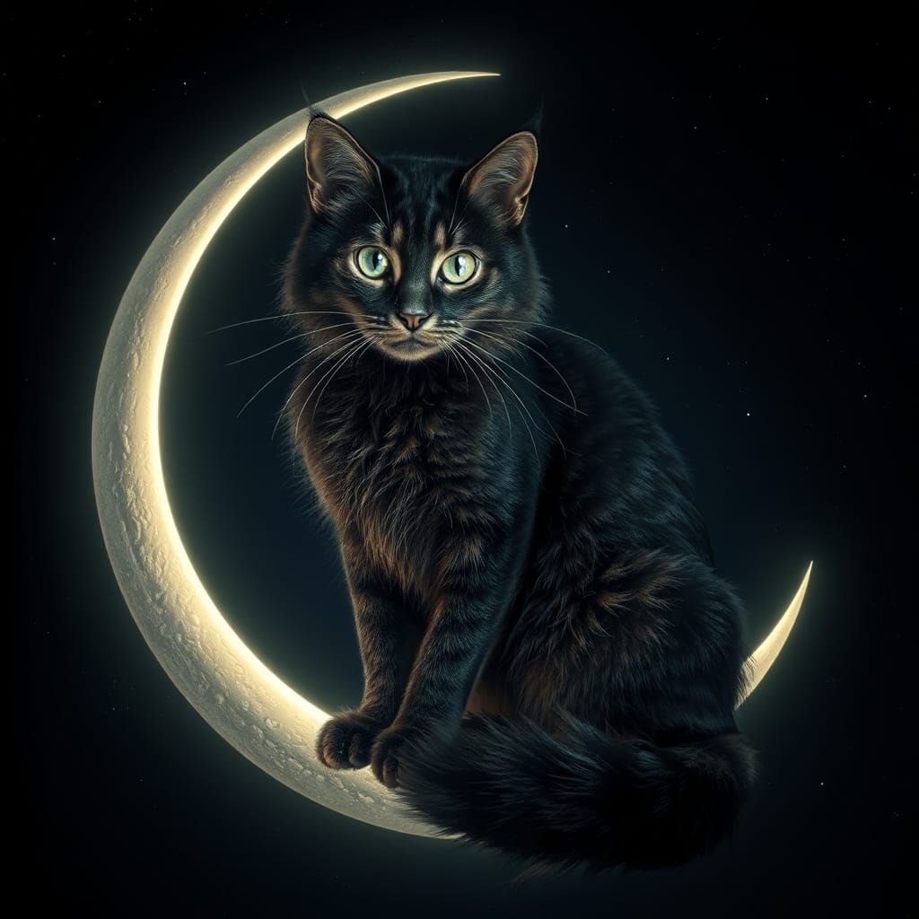 Majestic Cat on Glowing Moon in Dreamy Night