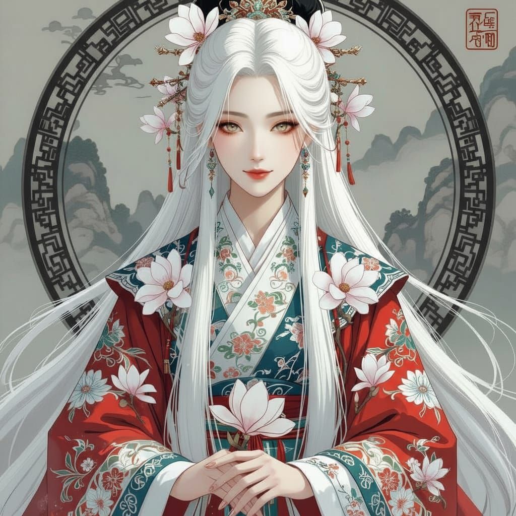 Chinese Consort with White Hair in Qing Dynasty Style
