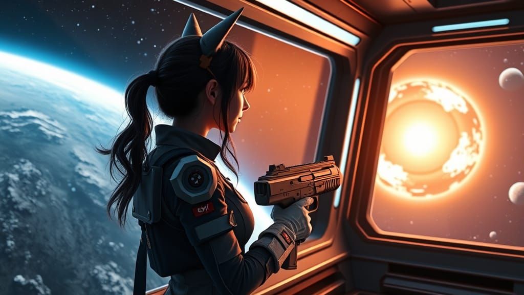 Girl in Starship Uniform Gazing at Starry Cosmos