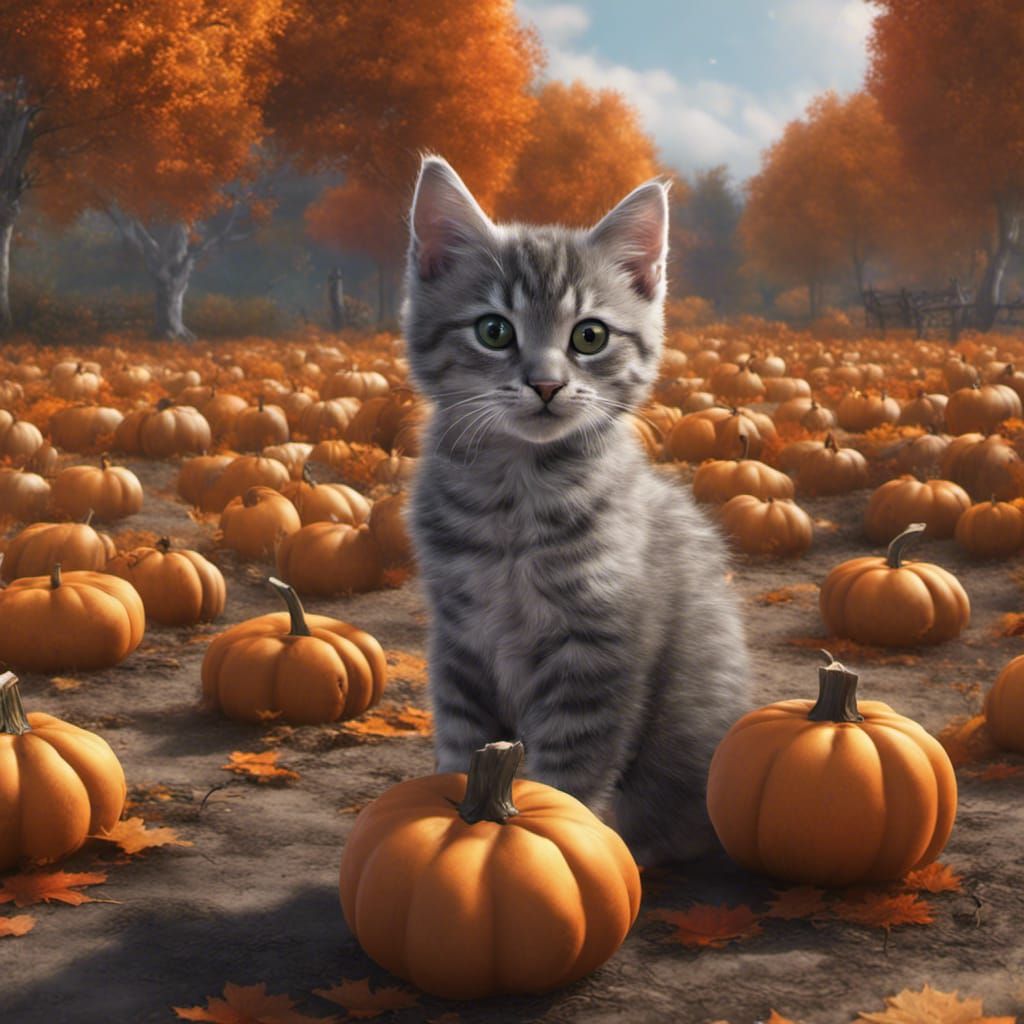 Tabby Kitten in Pumpkin Patch: Fantasy Concept Art