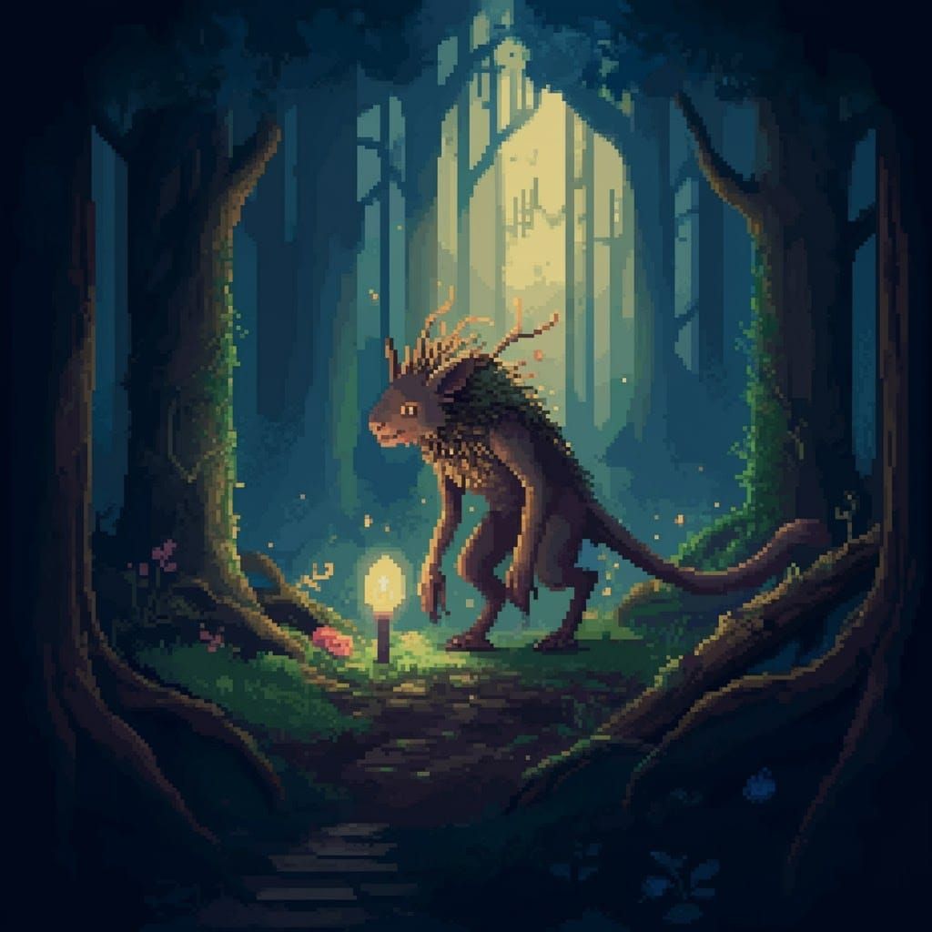 Pixel Art Mythical Creature in Enchanted Forest