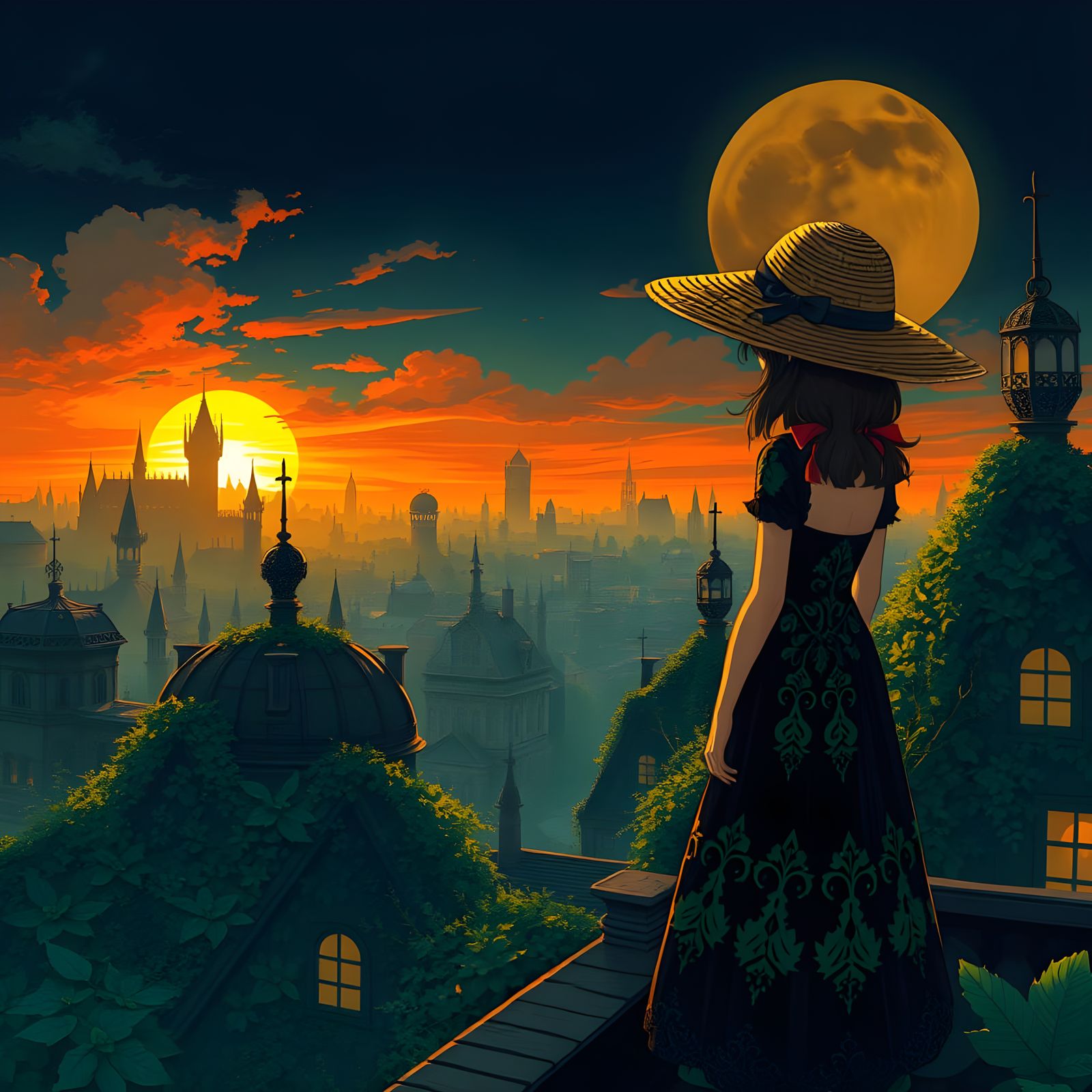 Gothic Anime Cityscape Girl Wears Straw Hat at Sunset
