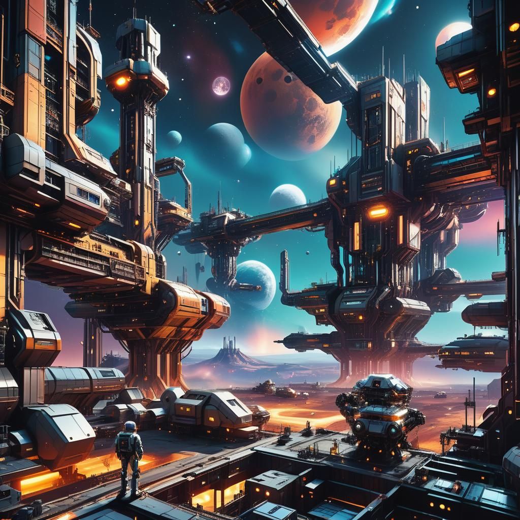 Epic Sci-Fi Landscape with Futuristic Spacecraft Constructio...