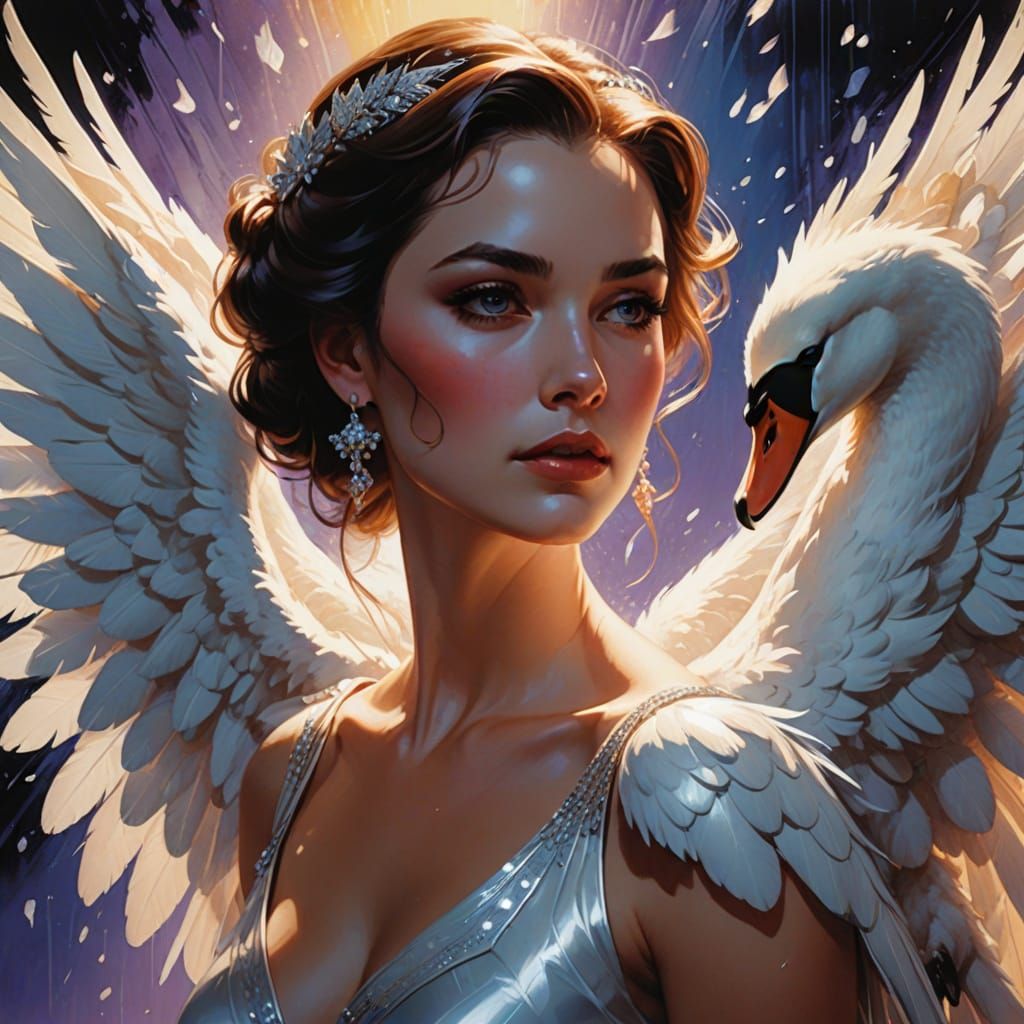 Elegant Swan Goddess in Vibrant Hyperrealistic Art