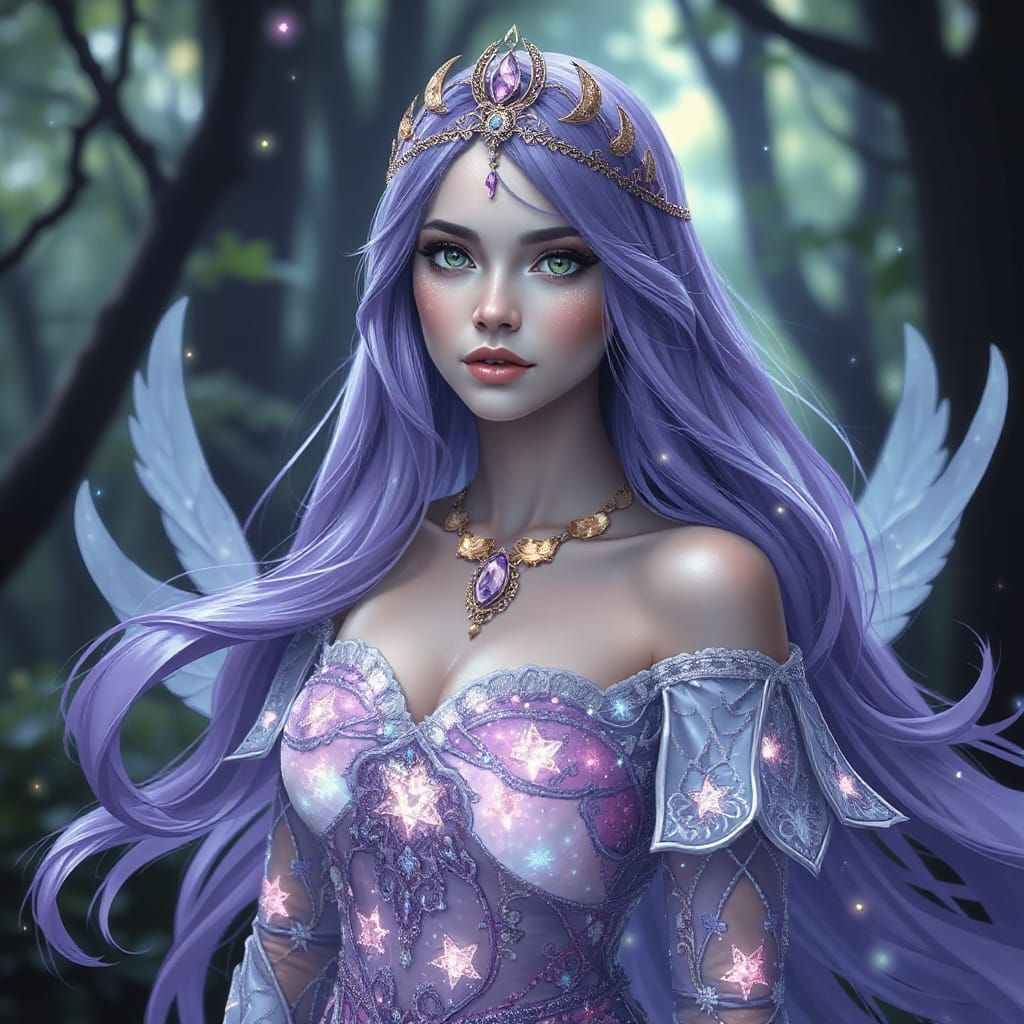 A captivating portrait of a mystical queen with long, flowin...