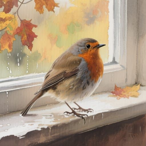 A robin perching on a windowsill in early autumn. feathery t...