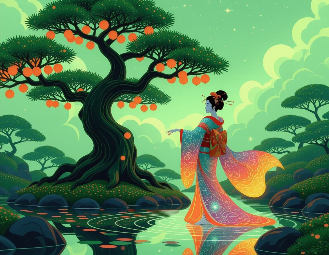 Cosmic Geisha Dances in Bioluminescent Fractal Orchard