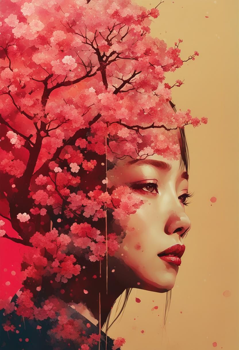 Double Exposure Portrait: Cherry Blossoms and Autumn Forest