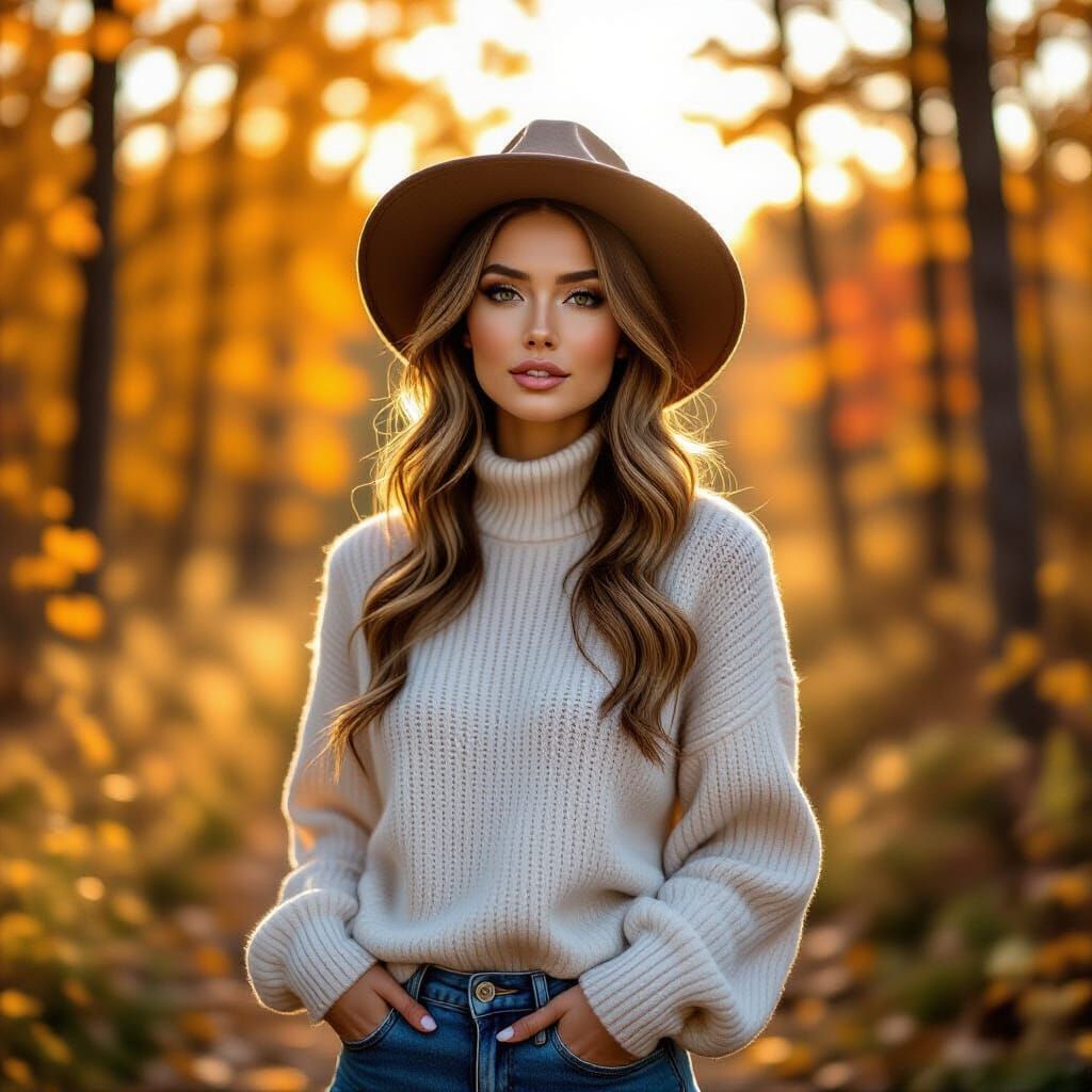 Glamorous Model Poses in Vibrant Fall Forest