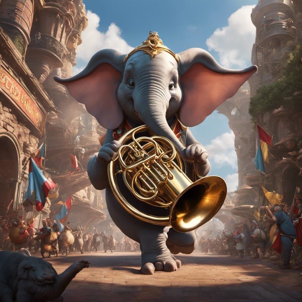 Dumbo Plays a Huge Tuba: Detailed Fantasy Art