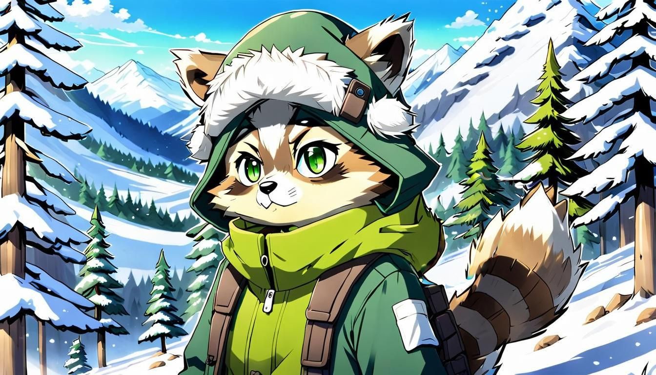 Raccoon in Winter Gear, Anime Style