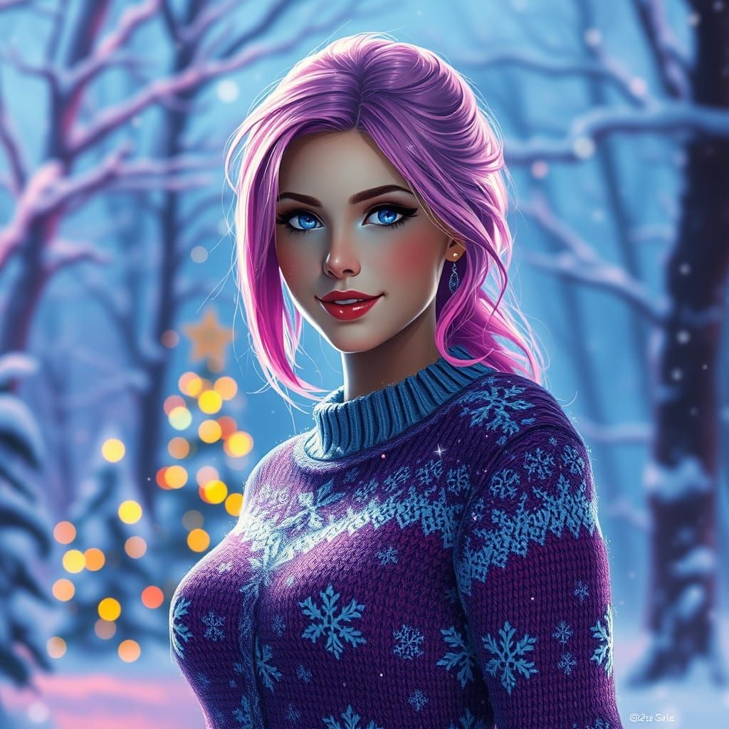 Pink Haired Woman in Winter Wonderland, Alcohol Ink Style