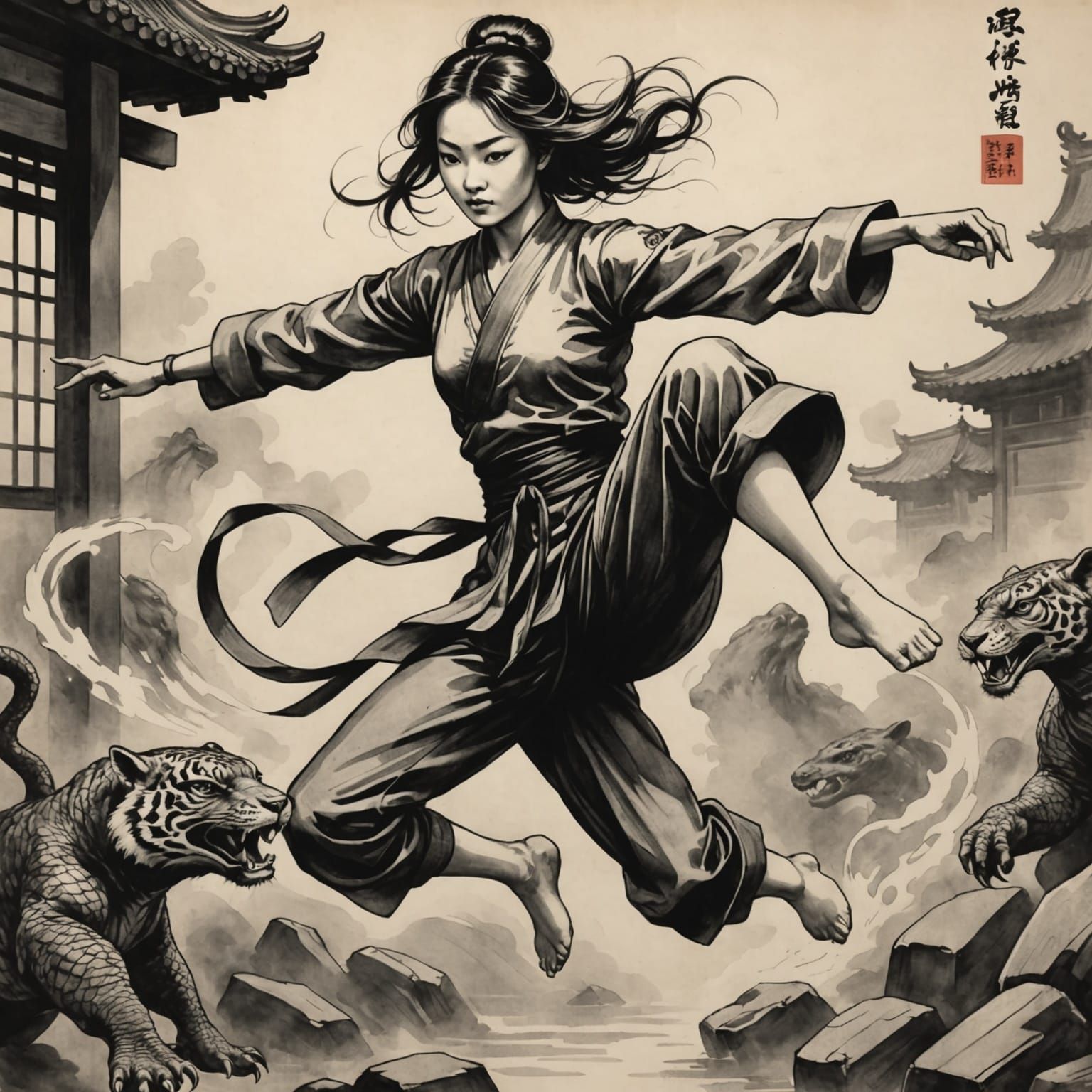 Jumping Kung Fu Dancer in Fishnets with Animal - Vintage Ani...