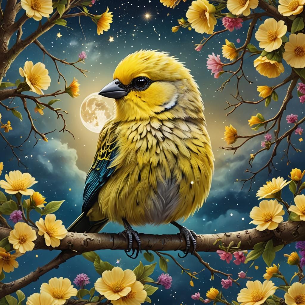 Fluffy Canary in Starry Floral Tree, Digital Art