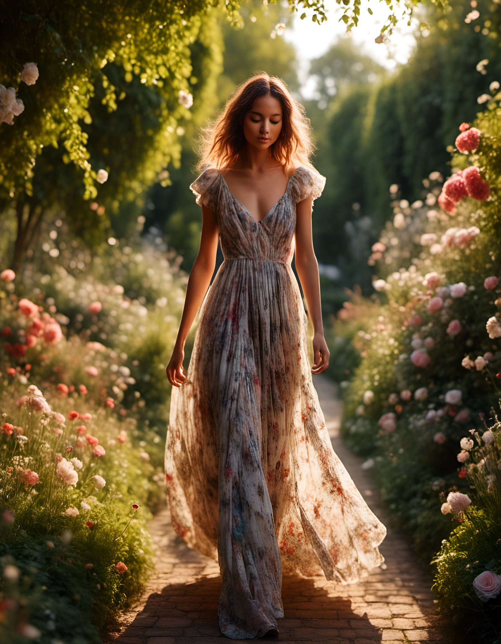 Model in Garden Path with Splatter Graffiti