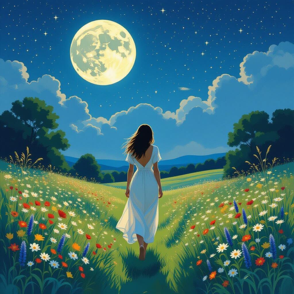 Ethereal Summer Night: Woman in Moonlight, Mucha Style